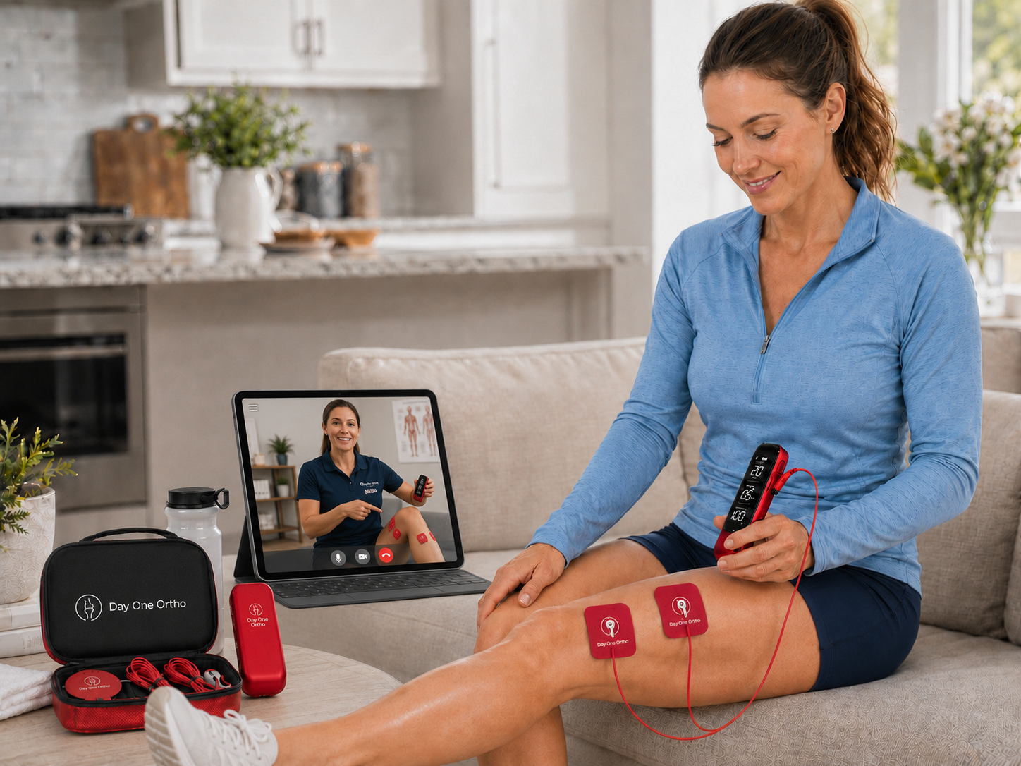 Day One Ortho Knee Activation Kit with TENS unit, floss band, electrodes, and virtual setup session