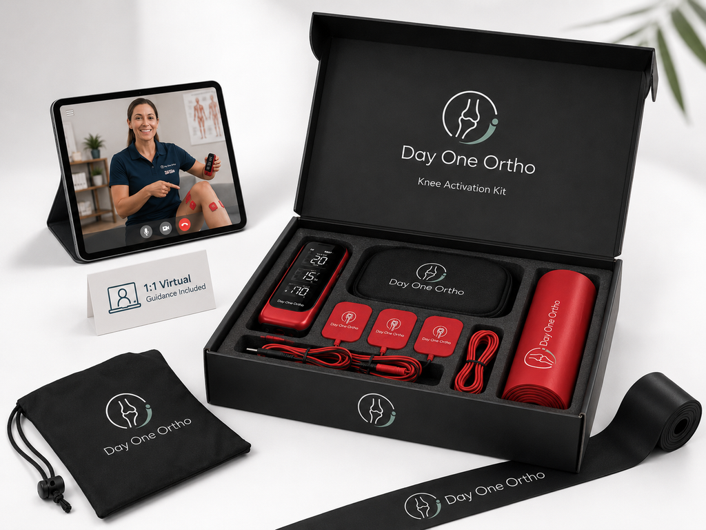 Day One Ortho Knee Activation Kit with TENS unit, floss band, electrodes, and virtual setup session